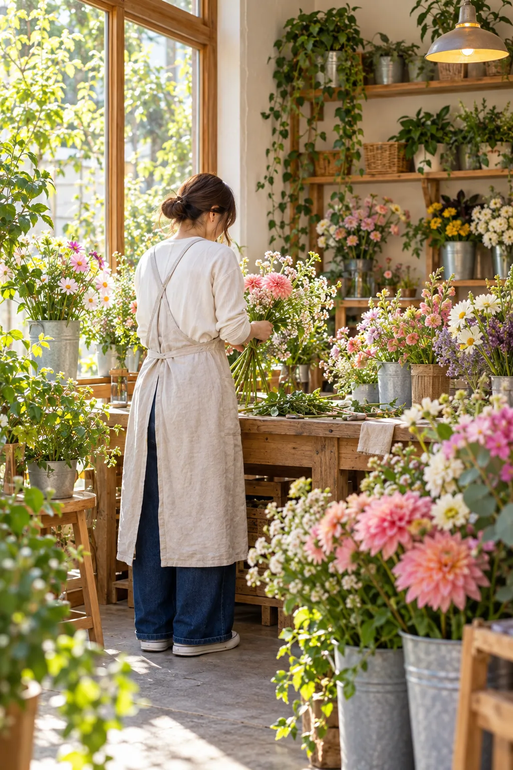 明るい店内で花を束ねる店主の後ろ姿