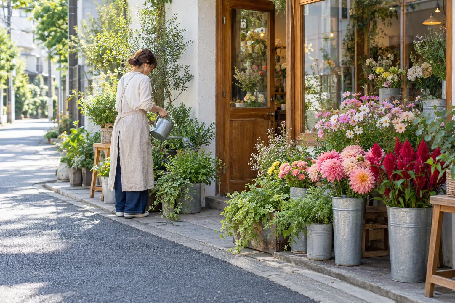 季節の花が並ぶ店先で水やりをする店主