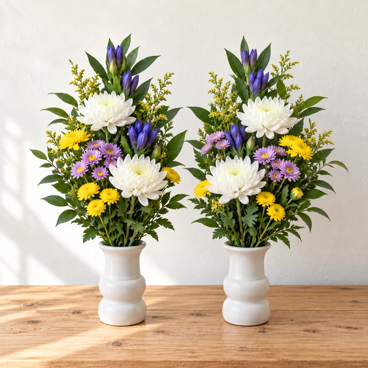 白い菊と紫・黄色の花を束ねた一対のお供え