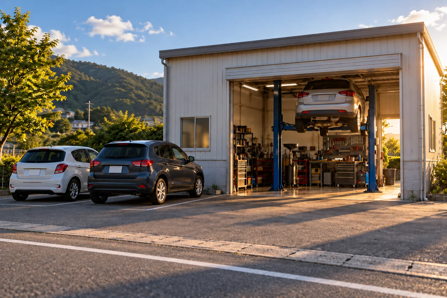 開いたシャッターと駐車スペースがある架空の整備工場の外観