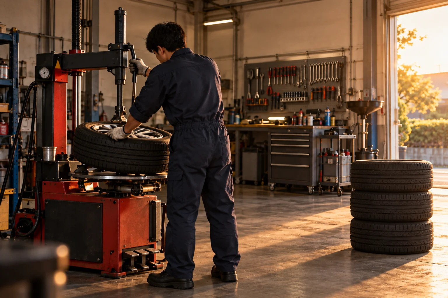 タイヤ交換機で作業する整備士