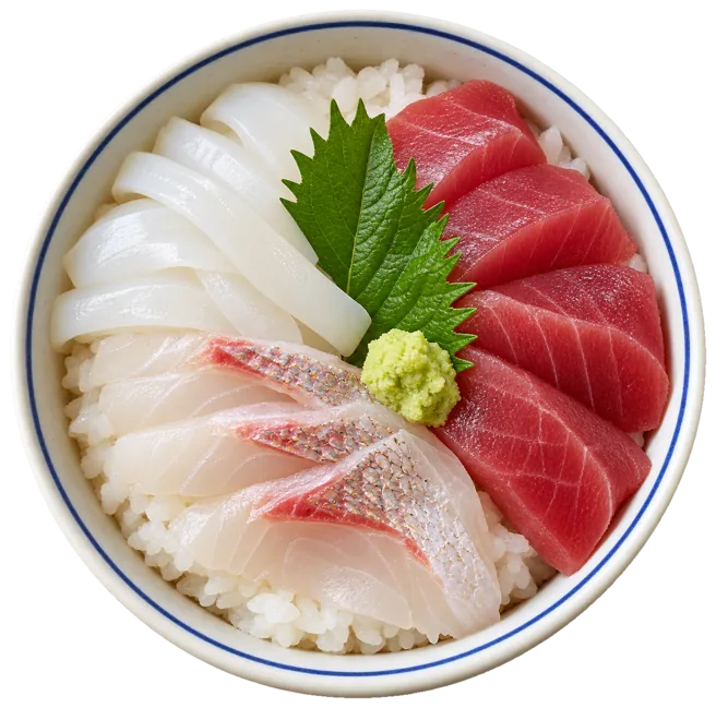 刺身をのせた海鮮丼を真上から見たところ