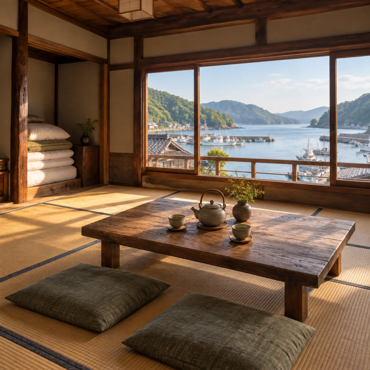ちゃぶ台に置いた急須と二つの湯のみ