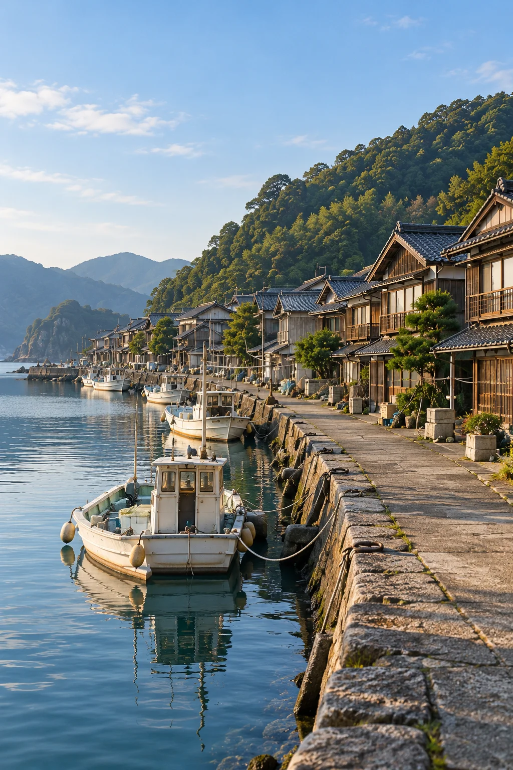 漁船が並ぶ港沿いの散歩道