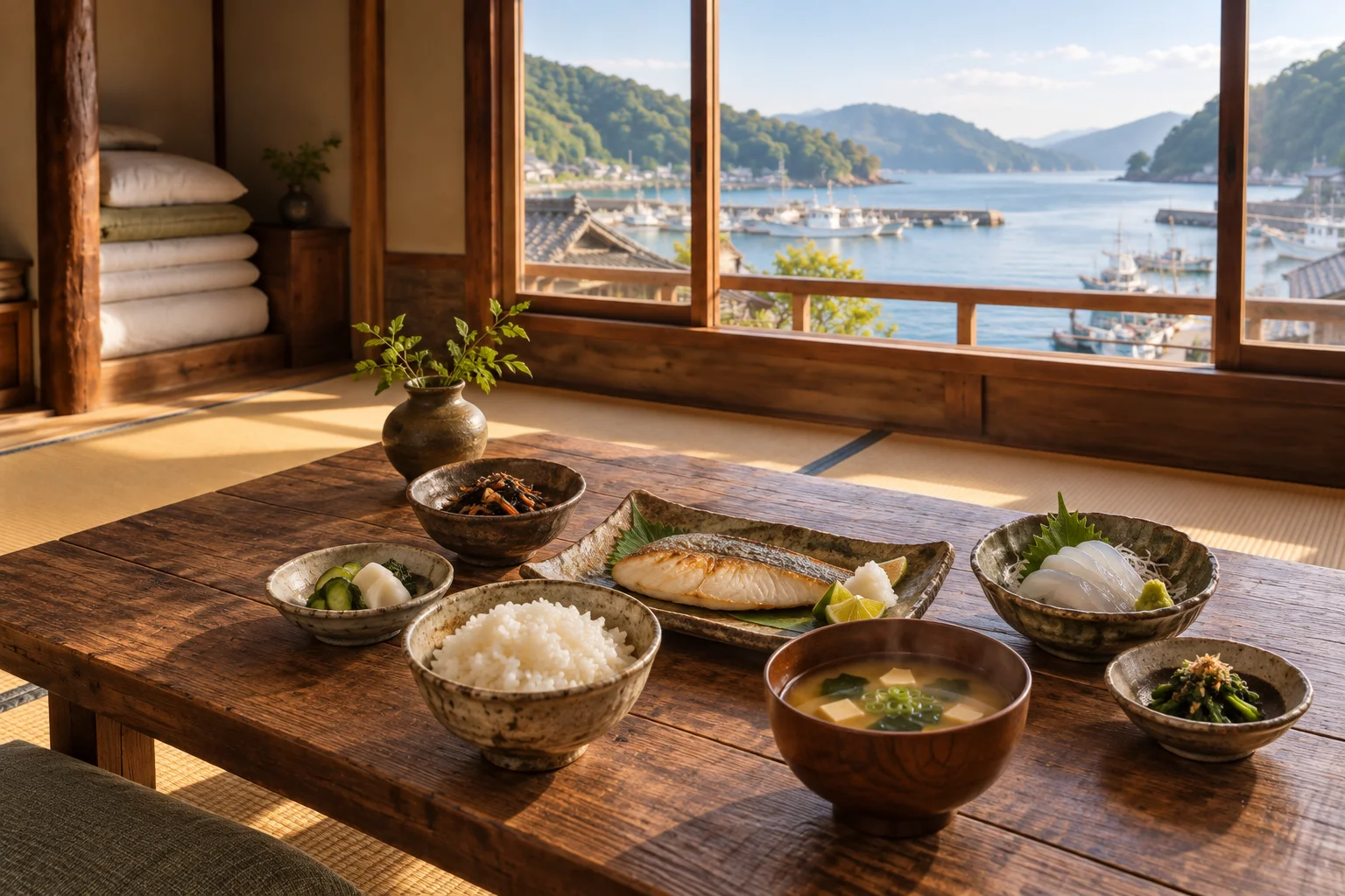 焼き魚、ごはん、味噌汁、小鉢、いかの刺身を並べた窓辺の朝食