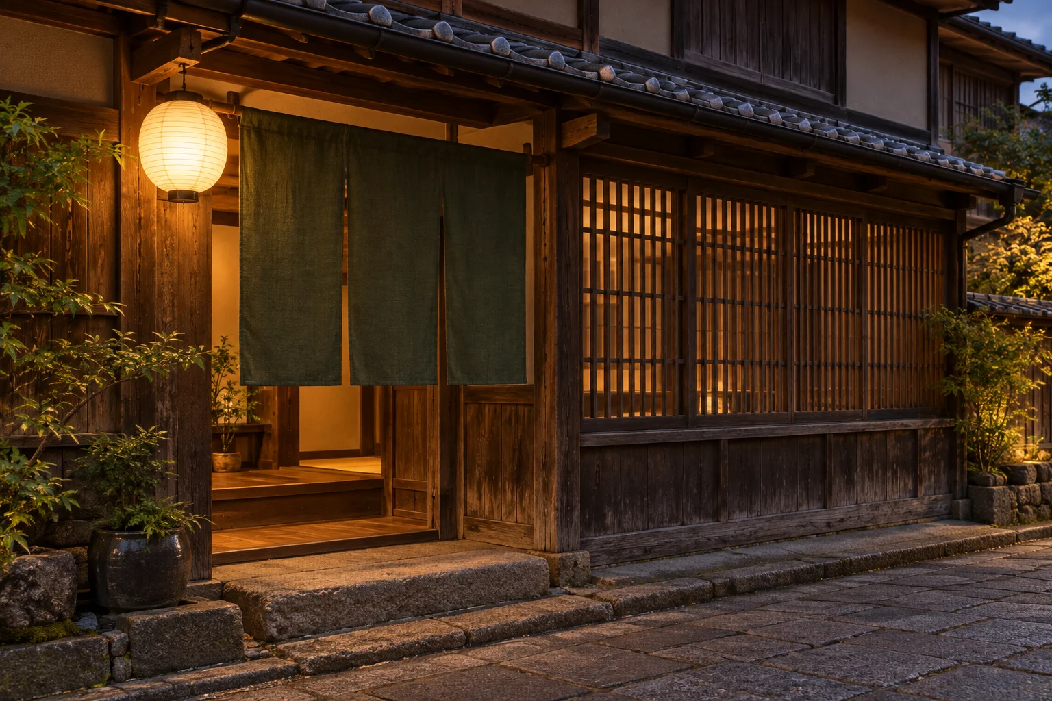 文字のない提灯と深緑ののれんが灯る夕暮れの宿の入口