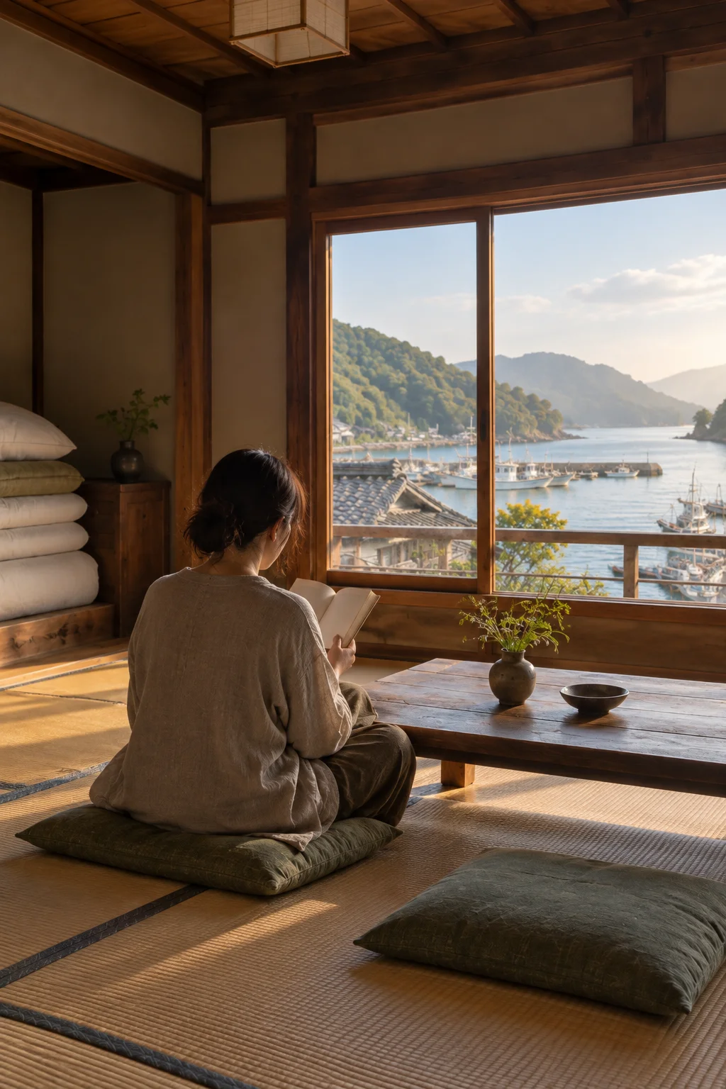 和室の窓辺で港を眺めながら本を読む人の後ろ姿