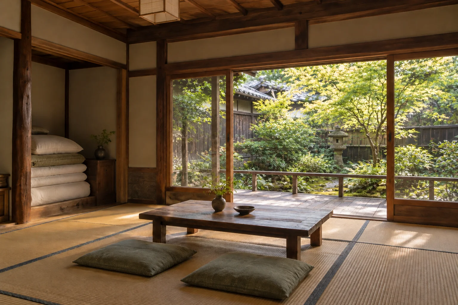 緑の庭と縁側に面した畳の部屋